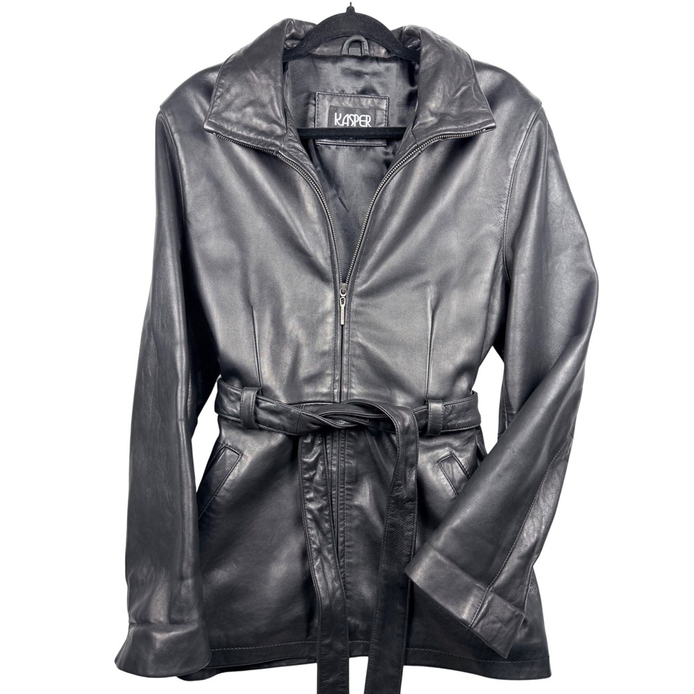 Kasper Womens Black Leather Belted Zip Front Jacket Size Large L Satin Lined